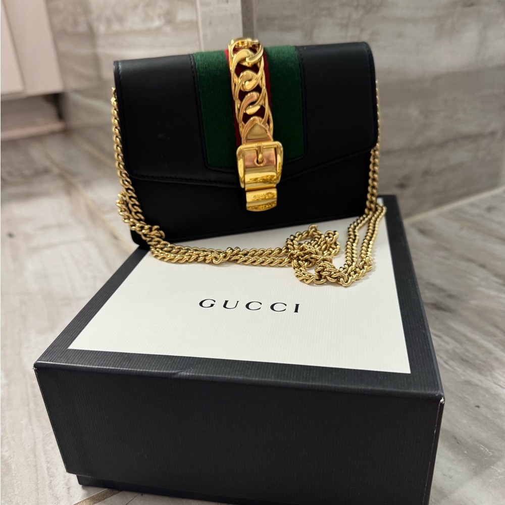 Gucci Black and Green Mini Bag with Gold Chain